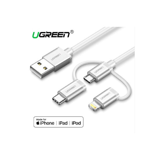 UGreen 50202 USB 2.0 to Micro USB+Lightning+Type C (3 in 1) Data Cable with Braid Sliver